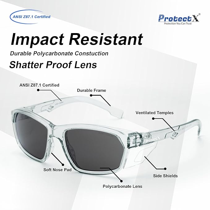 ProtectX Stylish Anti-Fog & Scratch-Resistant Safety Glasses With Readers, UV Protection Goggles, Anti-Impact Lightweight Glasses for Men＆Women Charcoal Tinted Smoke - 6 Pack