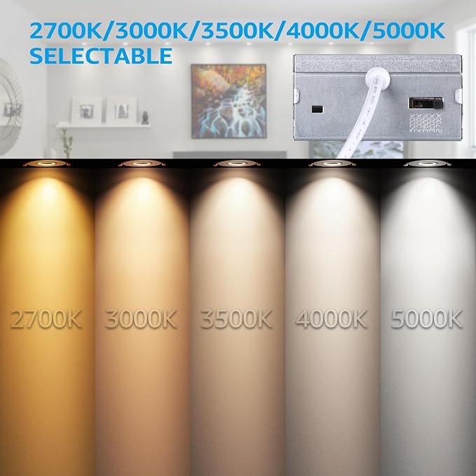 TORCHSTAR 12-Pack 5CCT 3 Inch Gimbal LED Recessed Light, 7W CRI90+ Dimmable Adjustable Eyeball Canless LED Downlight, 2700K/3000K/3500K/4000K/5000K Selectable, Airtight IC, ETL