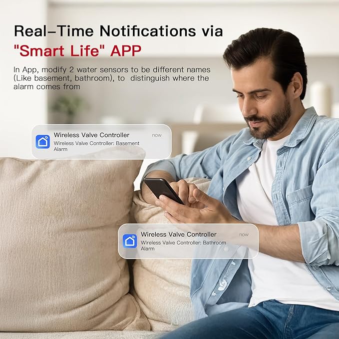 Water Sensor Alarm WiFi, Smart Water Leak Detectors for Home with App Alerts, 150M Wireless Range & Loud 120dB Alarm(2 Water Sensors, 1 Hub, 1 Valve Controller)