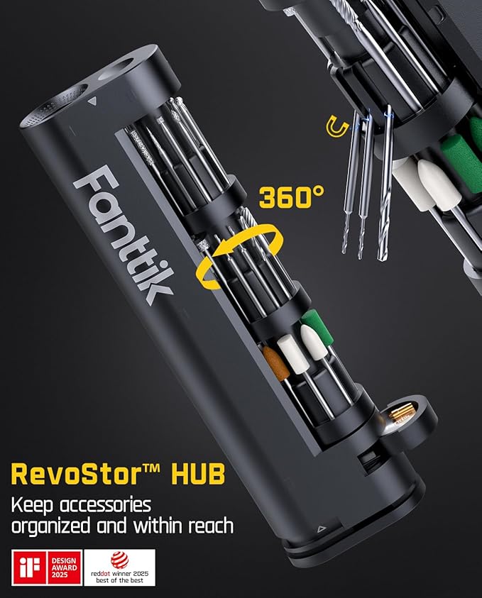 Fanttik F2 Master Mini Cordless Rotary Tool Kit, NeoPulse Motor, 5 Variable Speed, 25000 RPM, Revostor Hub, 35 Accessories, for 3D Printer Sanding, Polishing, Drilling, Carving, DIY Crafts - White