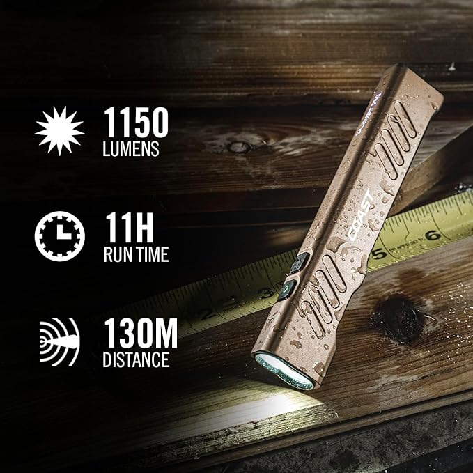 Coast Slayer 1150 Lumen USB-C Rechargeable LED Flashlight with Spot/Flood, Memory Mode and Pocket Clip, Dune