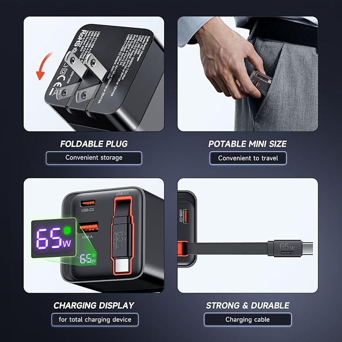 65W Retractable Charger, USB C Wall Charger Block Built-in Type C Cable & Dual Port, PD PPS Fast Charging GaN Power Adapter Travel Charger for MacBook,Lenovo IdeaPad,iPhone 17 Pro Max,Galaxy S25