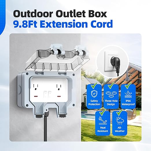 Outdoor Power Outlet Box with 9.8Ft Extension Cord, NEMA 5-15R, IP66 Waterproof Outlet Box 14AWG Wire Double Socket with Lockable Cover & LED Indicator for Garden & Outdoor Use
