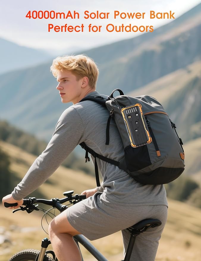 Solar Charger Power Bank, PD 20W Fast Charging External Batter, 40000mAh Portable Phone Charger Built in 4 Cables with Dual Bright Flashlights for Camping, Hiking, and Outdoor Use