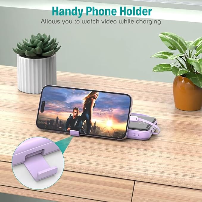 Portable Charger with Built in Cables,10000mAh Slim USB C Power Bank,5 Output 3 Input LED Display High Speed External Battery Pack Travel Phone Charger for iPhone Samsung Pixel LG Moto iPad,Purple