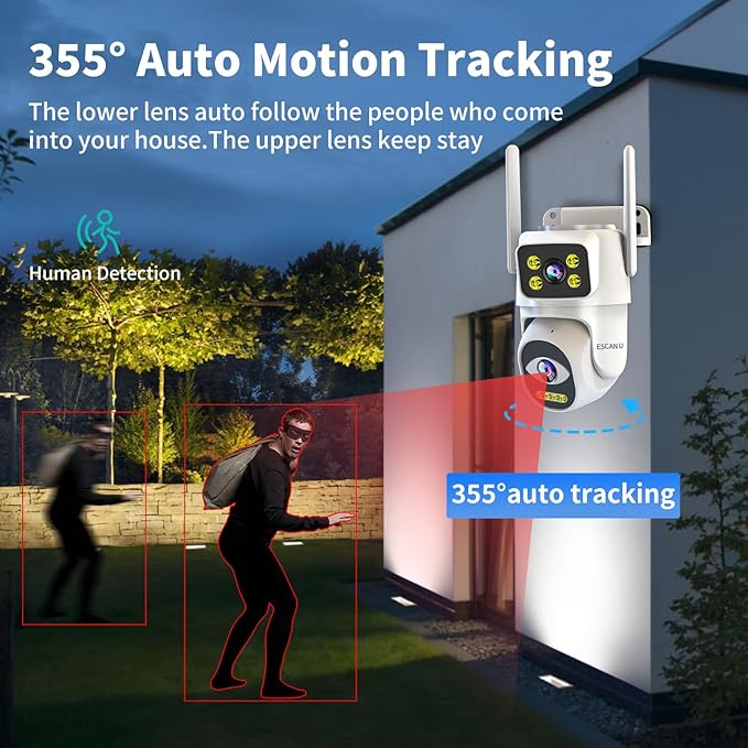 Dual Lens Cameras for Home Security,2.4G/5G PTZ Outdoor Plug-in Camera,Motion Tracking,Night Vision,24/7 Continous Recording,Work with NVR/DVR Surveillance System,Weather Proof,SD/Cloud Storage