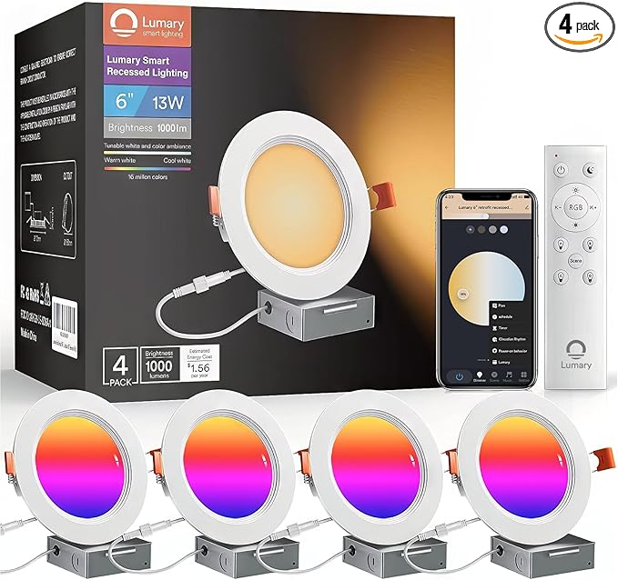 Lumary Smart Recessed Lighting 6 Inch with Remote, Work with Alexa/Google, Canless WiFi Led Wafer Recessed Lights, RGBWW Ceiling Downlight with J-Box and Metal Anti-Glare Baffle Trim, 4PACK