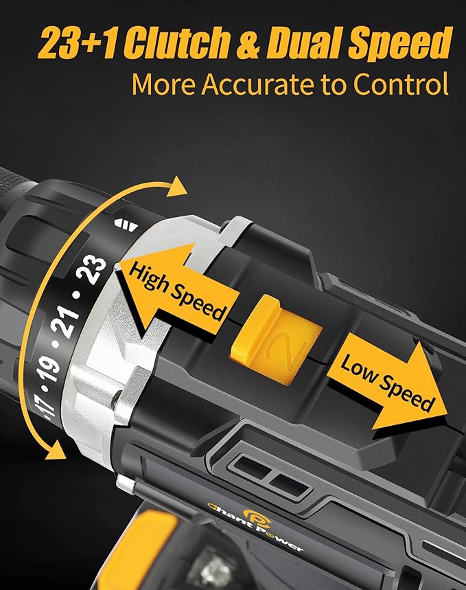 C P CHANTPOWER Cordless Drill 20V MAX Lithium-ion Drill Driver Set with Fast Charger, 1/2” (13 mm) Matal Chuck, 23+1 Clutch, Dual Speed for Drilling Wood, Metal, Canvas Bag, Flexible Shafts Included