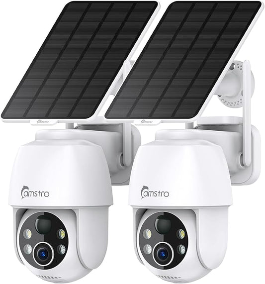 2K Solar Surveillance Camera Wireless Outdoor, Battery-Powered Solar Camera for Home Security, 360°Pan & Tilt, 3MP Color Night Vision, Two-Way Audio, Alexa/Google Assistant, 2.4Ghz Only, 2Pack