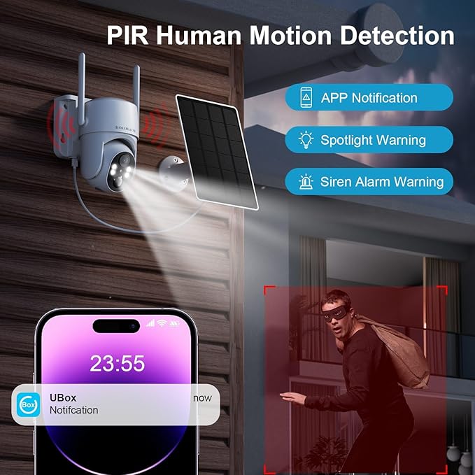 Solar Security Cameras Wireless Outdoor, 360° PTZ Remote Cameras for Home Security Solar Powered, 2K 3MP Security Camera Outdoor Wireless with Spotlight Color Night Vision, PIR Sensor, 2-Way Audio