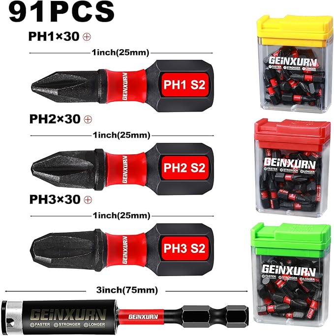 Impact Phillips Screwdriver Bits Set, 90 Pieces 1" Magnetic(PH1/PH2/PH3) S2 Steel Multi Cross Driver Bits and 1 PcsBit Holder with Storage Colorful Box