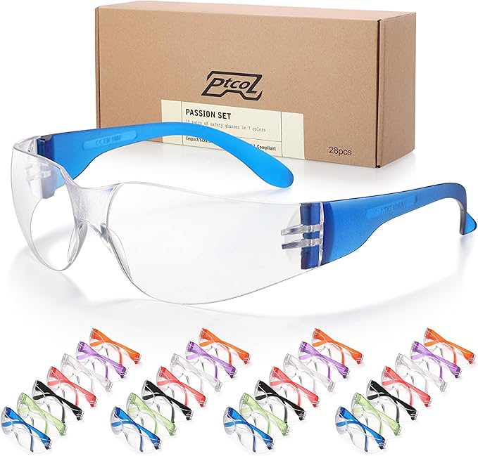 28 Pack Safety Glasses in 7 Colors (Bulk Pack of 24+4) Unisex Clear Anti-Scratch Protective Goggles Impact Resistant Lens Eyewear with ANSI Z87.1 EN166 for Construction, Shooting and Laboratory