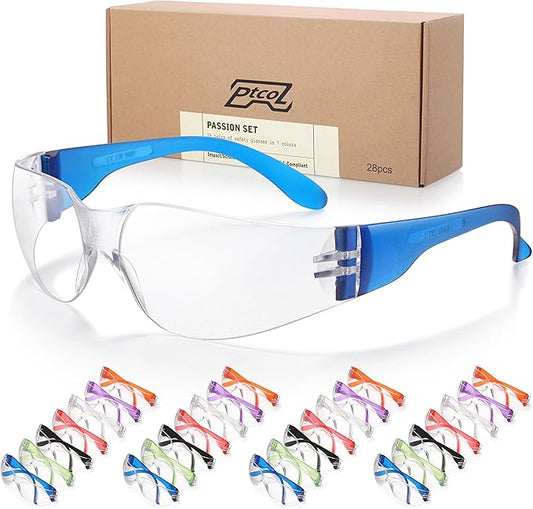 28 Pack Safety Glasses in 7 Colors (Bulk Pack of 24+4) Unisex Clear Anti-Scratch Protective Goggles Impact Resistant Lens Eyewear with ANSI Z87.1 EN166 for Construction, Shooting and Laboratory