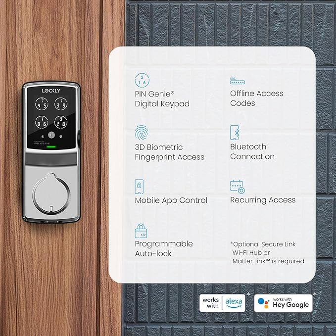 Lockly Secure Plus, Keyless Entry Door Lock, Smart Locks for Front Door, Smart Lock Deadbolt, PIN Genie® Keypad, 3D Biometric Fingerprint Sensor, Auto Lock