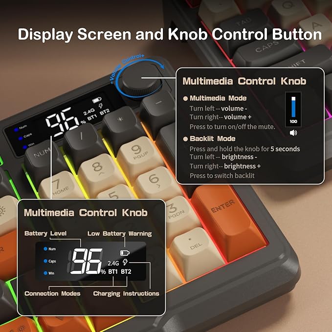 ZIYOU LANG M96 Wireless Gaming Silent Membrane Keyboard,Display Screen & Knob with Multimedia Keys Dual Mode Bluetooth/2.4Ghz,Rainbow Backlight 94Keys Ball Shape PBT Keycap ANSI Layout for Win/Mac