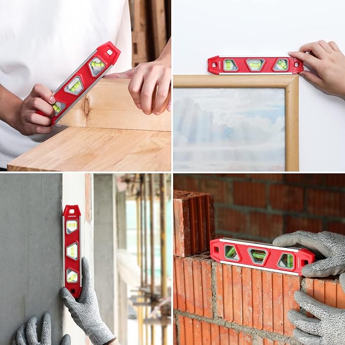 WORKPRO 9-Inch Torpedo Level Magnetic, Small Leveler Tool with 3 Different Bubbles 45°/90°/180° and Overhead Viewing Window, Shock Resistant Bubble Level V-Groove for Measuring plumbing, wood, etc.
