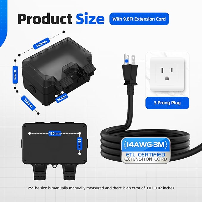 Outdoor Outlet Box with 9.8Ft Extension Cord, NEMA 5-15R, STW 14 AWG,IP66 Waterproof Power Outlet Extender with On/Off Switch & LED Indicator for Garden Yards& Outdoor Activity