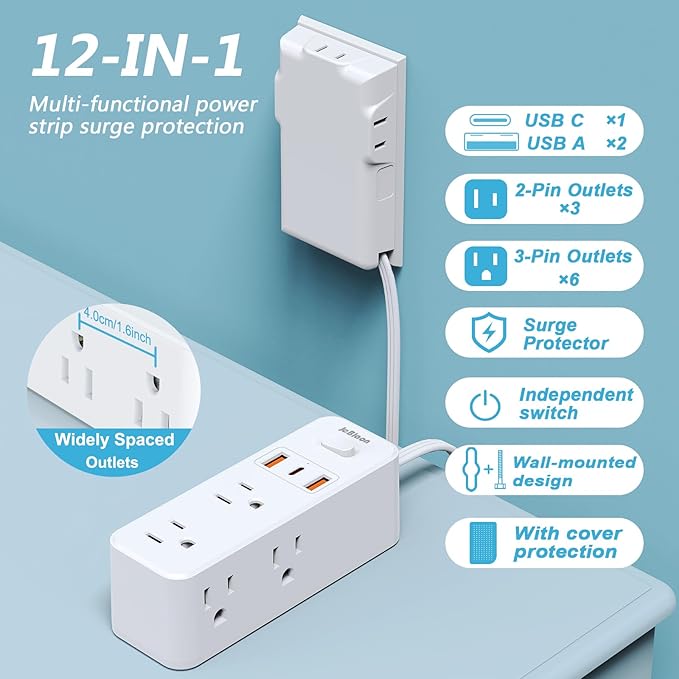 Power Strip Surge Protector with Flat Extension Cord Outlet Cover 6 AC Outlets(3 Wall Outlets Extender) 3 USB Ports (2USB C), 1050 Joules, Multi Plug for Home Office College Dorm Room Essential