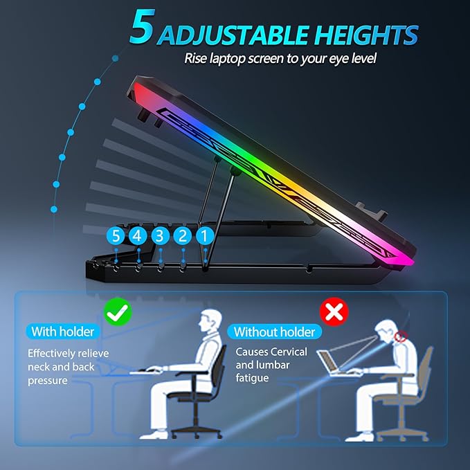 Laptop Cooling Pad, Gaming Laptop Cooler with 9 Quiet Fans, Laptop Cooling Stand for 12-17 Inch, Laptop Computer Fan with 5 Height Adjustable,2 USB Ports,1 Phone Stand