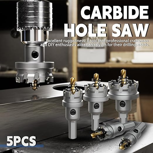 CSOOM Carbide Hole Saw 5 pcs kit, Metal Steel Hole Saw Bits, TCT Hole Cutter for Stainless Steel, Iron, Aluminum, Alloy, Plastic