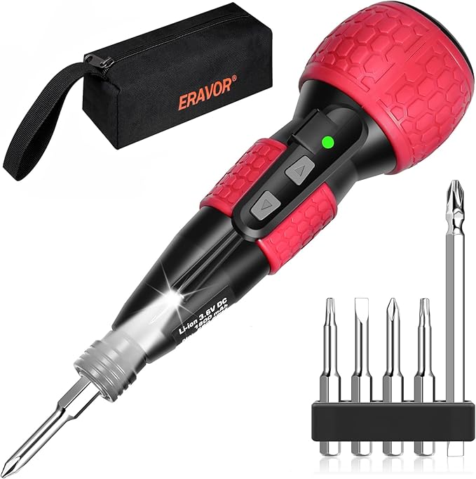 3.6V Cordless Electric Screwdriver, Portable Mini Rotary 2-in-1 Home Gadget with 3.5Nm Torque, Non-slip Handle & LED Light, 5pcs Electroplated Pearl Chrome S2 Bits, 1800mAh USB-C Rechargeable – Red