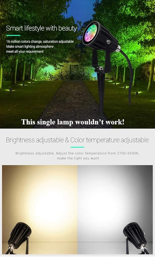 LGIDTECH FUTC04 Miboxer 6W RGB+CCT Outdoor LED Landscape Garden Spotlight AC100-240V 16 Million Colors Changing,Color Temperature Adjustable,Memory Function.Smartphone Can't Control Directly