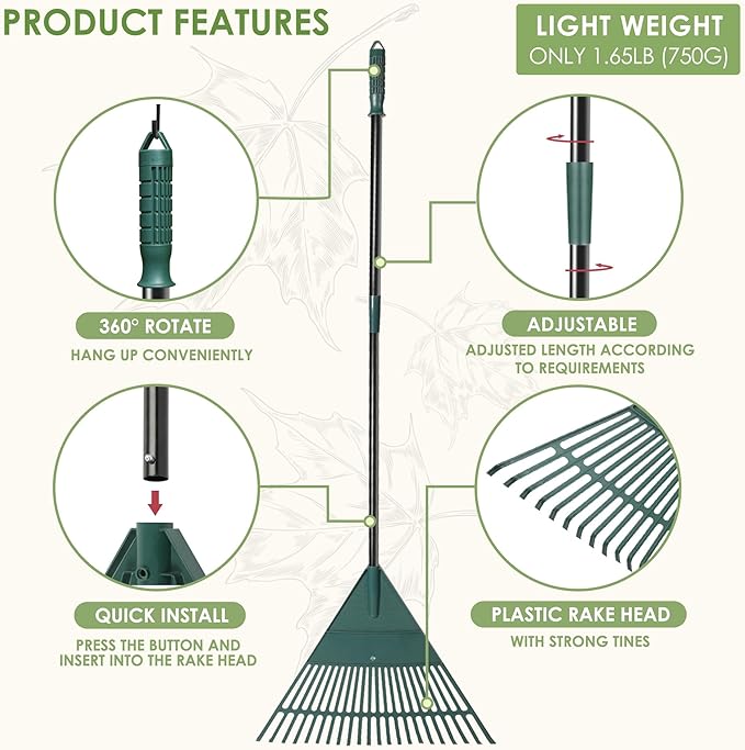 ORIENTOOLS Garden, Adjustable Lightweight Steel Poly Shrub Rake, Plastic Head, 22 Tines, 42 to 60 inches (Black Handle)