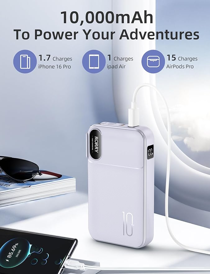 RORRY Portable Charger Built in Cables, AC Wall Plug in Portable Charger Power Bank 10000mAh Travel Battery Pack 22.5W Fast Charging for iPhone 16/15/14 Samsung Galaxy S24/S23 Pixel LG iPad, Purple