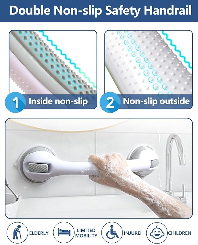 2 Pack 16.2” Grab Bars for Bathtubs and Showers, Shower Handles for Elderly Suction Cup Grab Bars for Shower Wall Heavy Duty, Safety Grab Bar for Seniors Suction Bathroom, No Drilling