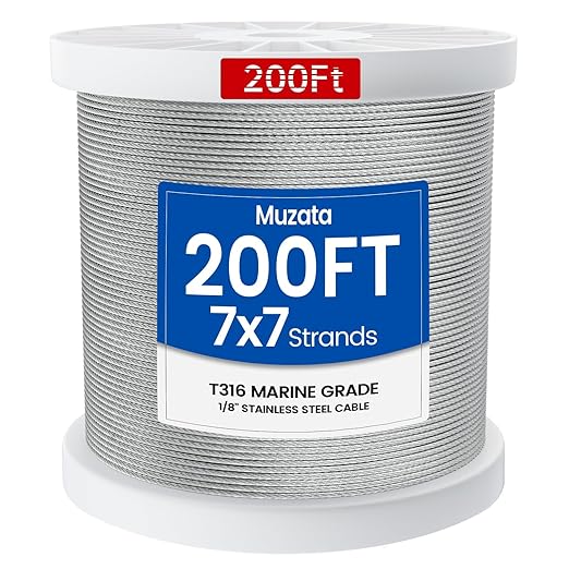 Muzata 200 ft 1/8" Stainless Steel Cable Railing System Hardware T316 Stainless Steel Wire Rope 7x7 Strands 1800 lb Breaking Strength Deck Cable Railing Kit for Indoor Outdoor Coastal WR02