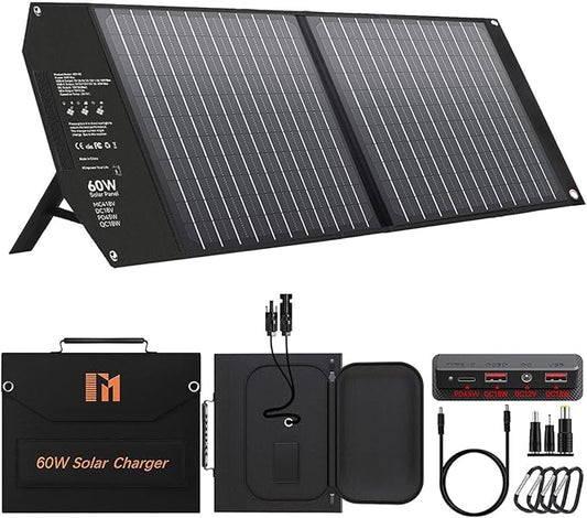 60W Portable Foldable Solar Panels Chargers with PD3.0 PD45W USB-C QC3.0 USB-A 18V DC MC4 Outputs for Camping Backpacking RV Trip Fast Charging for Small Power Station Generator Cell Phone Power Bank