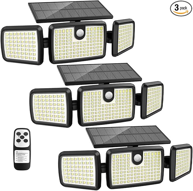 Solar Lights Outdoor, 3 Head Solar Motion Lights Outdoor with 2500LM 232 LEDs High Brightness, Built-in Bigger Tempered Glass Solar Panel, Sensitive PIR Motion Inductor(3-Pack)