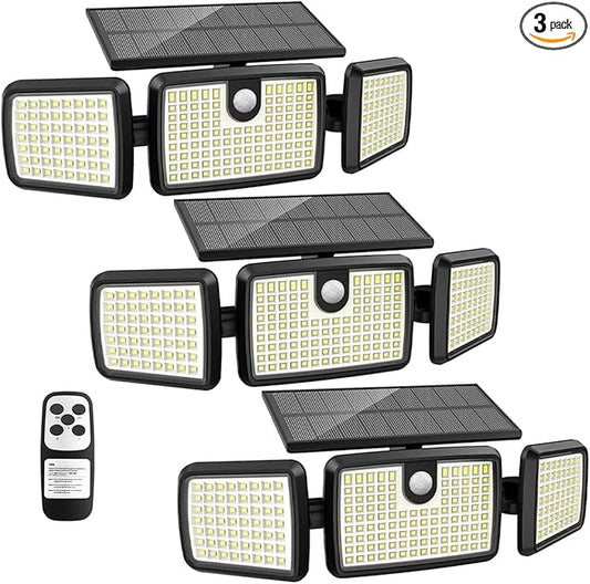 Solar Lights Outdoor, 3 Head Solar Motion Lights Outdoor with 2500LM 232 LEDs High Brightness, Built-in Bigger Tempered Glass Solar Panel, Sensitive PIR Motion Inductor(3-Pack)