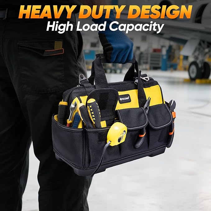 TICONN Heavy Duty Tool Bag with Multi-Pockets, Portable Tool Box Organizer Storage Bag, with Adjustable Shoulder Strap and Ergonomic Handle (Yellow, 14" Molded Base)