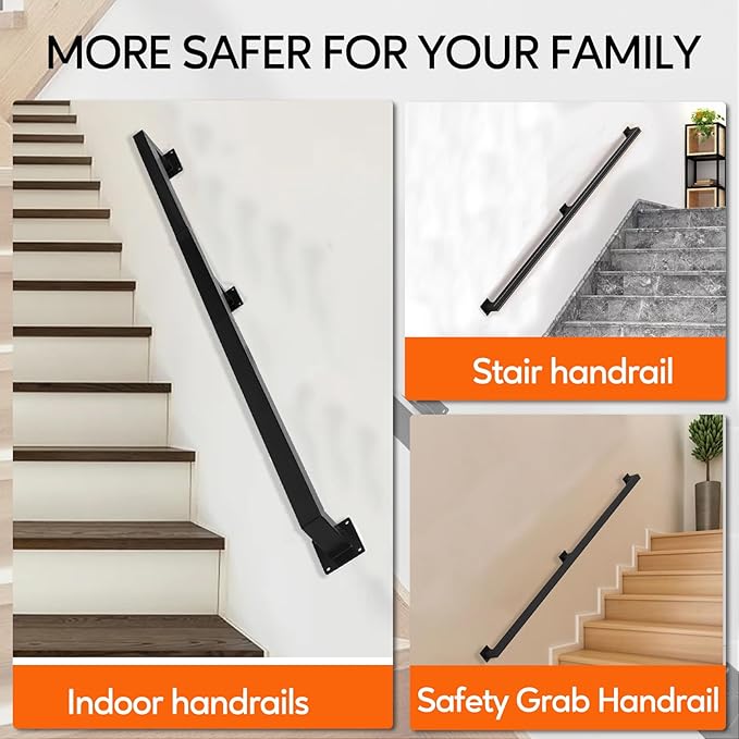 3FT Square Stair Railing Indoor, Black Wall Mount Handrail for Staircase, 440lbs Load Capacity Non-Slip Metal Handrail, Heavy-Duty Carbon Steel Grab Bar for Steps and Porch