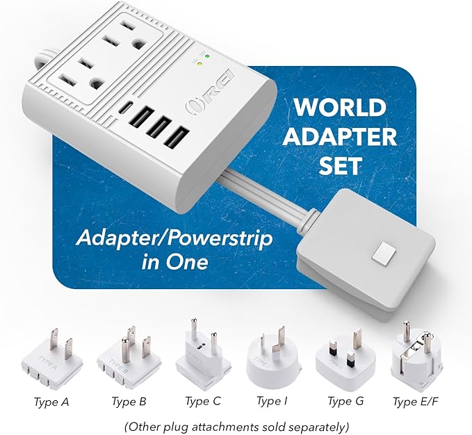 OREI World Travel Plug Adapter M8 Max, 3 USB + Pd 18W USB-C Input - 2 USA Outlets - Attachments for Europe, Asia, China, Japan, Africa - Perfect for Cell Phones, Tablets, Cameras and More