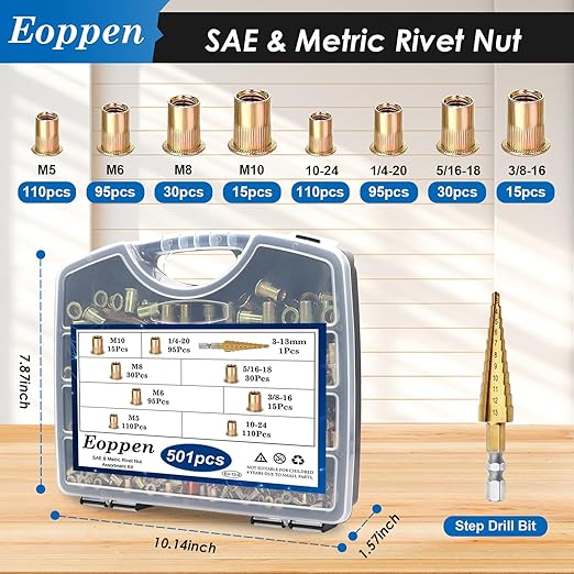 Rivet Nut Tool Kit, Rivnut Tool Kit with 500Pcs Rivet Nuts (M5, M6, M8, M10, 1/4-20, 5/16-18, 3/8-16) and 8 Metric and SAE Mandrels with a Step Drill Bit and Rugged Carrying Case