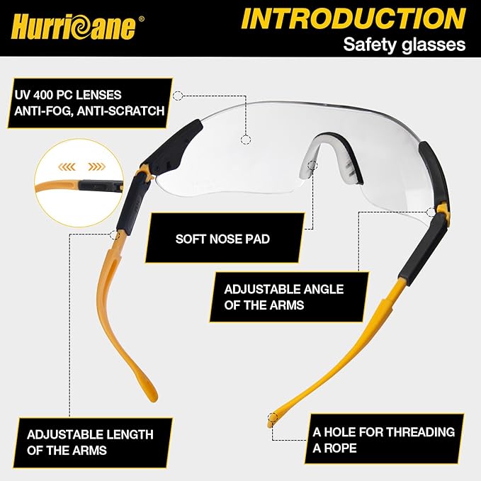 HURRICANE UV400 Safety Glasses, Clear Lens, Lightweight Protective Goggles with Anti-Fog & Anti-Scratch Coating, Adjustable Nylon Frame & Flexible Temples for Work, Lab, Construction, Workshop & More