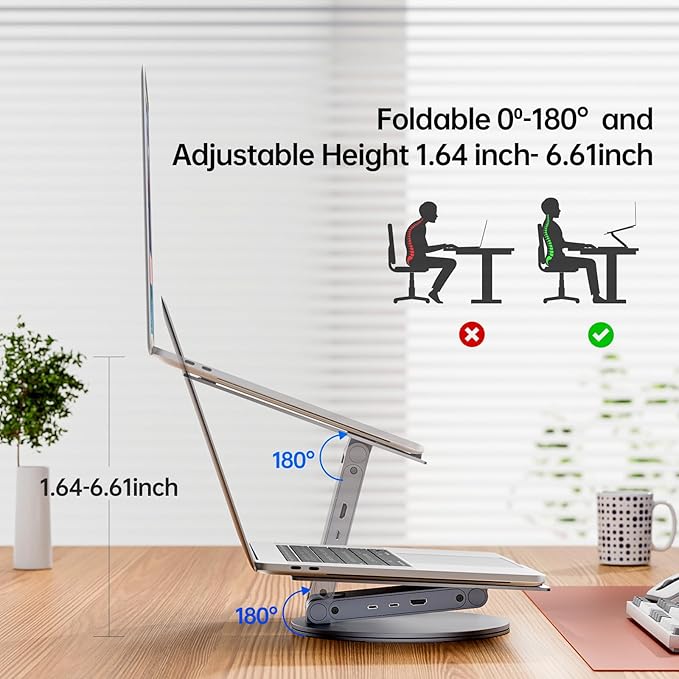Adjustable Laptop Stand with 6-in-1 USB C Docking Station, 360° Rotatable, 4K HDMI, USB3.0, PD100W, Compatible with 12-16 inch MacBook, Dell, Surface