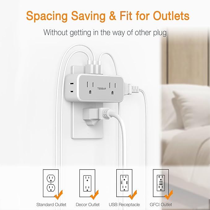 Surge Protector Outlet Extender, TESSAN Multi Plug Outlet Splitter with 4 Electrical Outlets 3 USB Ports, Multiple Plug Mini Wall Expander for Home Bathroom Office Dorm Room Essentials