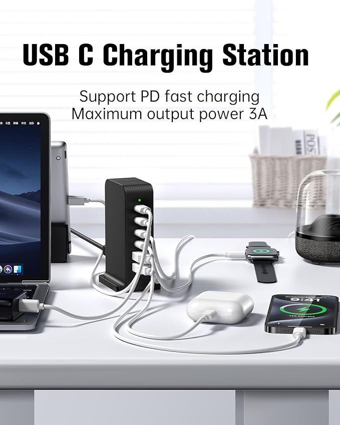 USB C Charger 55W,Multiport USB Charging Station 20W PD,6 Port USB Hub Charger Tower for iPhone 15/14/13/12, iPad, Samsung Galaxy, Google Pixel,HTC, and Multiple Devices (Black)