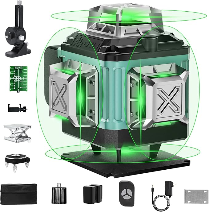 16 Lines Laser 360 Level Self Leveling, 4x360° Professional 4D Green Cross Line laser Level for Construction and Picture Hanging with 2 Batteries,Magnetic Bracket & Remote Control