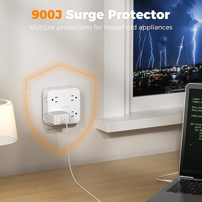 Multi Plug Outlet Extender, TESSAN Wall Surge Protector Plug Extender with 8 Sockets, Multiple Outlet Splitter with 3 USB Ports (1 USB C), Power Socket Expander with Switch for Home, Dorm, White