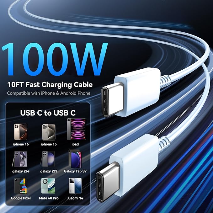 16 Pro Max Charger Fast Charging, 45W Super Fast USB C Charger Block with 10FT Long Charging Cord for Phones 16 Pro Max/16/15, Android-Blue