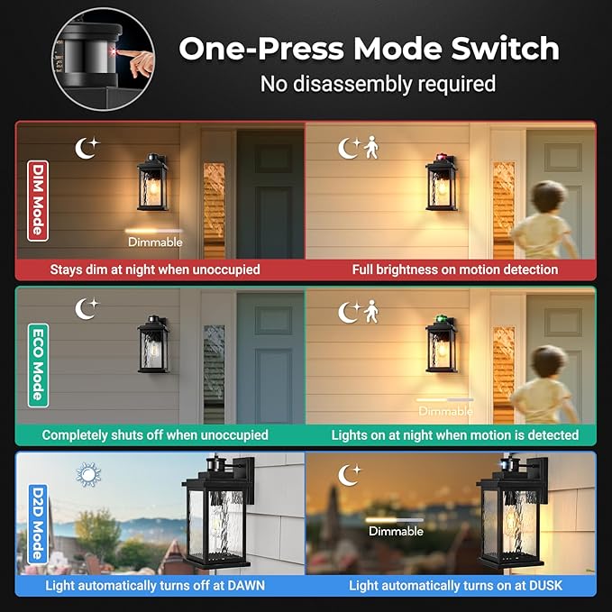 VIANIS Large Advanced Motion Sensor Outdoor Lights, Black Easy-to-Install Dusk to Dawn Outdoor Wall Lights, Aluminum Waterproof Porch Light with Water Glass for Porch, Garden, Front Door