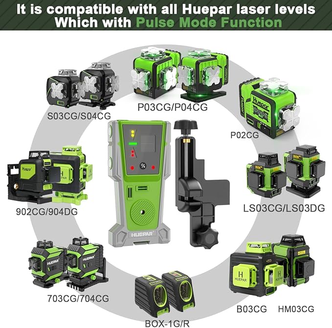 Huepar LR-8RG Laser Receiver, Compatible with All Huepar and Pro Laser Levels, ±1/17 In, Up to 200Ft, Green & Red Beams Laser Detector, Two-Sided LED Prompt, Magnet, Clamp Included