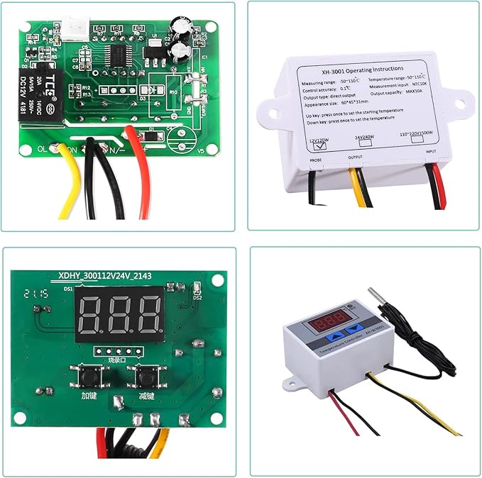 2 Pack XH-W3001 Digital LED Temperature Controller Module,DC 12V 10A 120W -50℃ to 110℃ Programmable Heating/Cooling Digital Thermostat Switch with Waterproof Probe