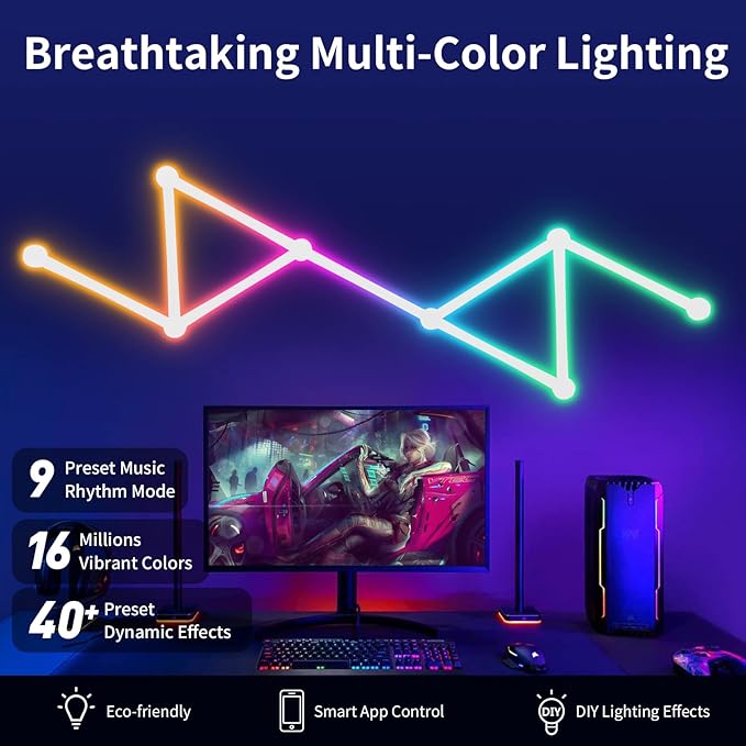 Smart WiFi RGB LED Wall Light Lines 16M+ Color LED Dimmable Music Sync Gaming Room, Bedroom, Led Home Wall Decor Light Bars Kit Compatible with Alexa and Google Assistant (9 LED Light Lines)