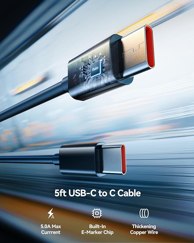 Ruko 65W USB C Charger, 3 Port Compact Foldable GaN Fast Charging Block Wall Charger for MacBook, Galaxy, Dell, Note, iPhone, iPad, Pixel and More (4ft USB-C Cable Included)