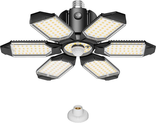 Motion Sensor Garage Light 200W 20000LM, Deformable LED Ceiling Light with 360° Detection & 3 Modes - 6500K Motion Sensor Light Indoor Bulb for Basement/Workshop
